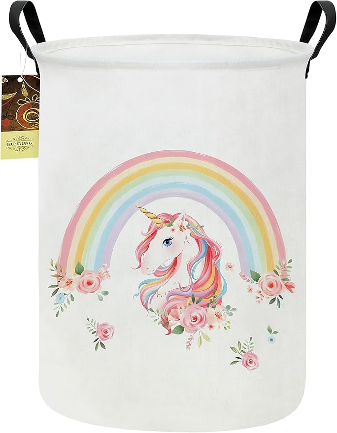 HUNRUNG Collapsible Fabric Storage Basket, Waterproof Laundry Hamper with Handles, Round Storage Bin for Clothes Toys, Foldable Organizer for Bedroom Nursery Bathroom(Round-Rainbow Unicorn)