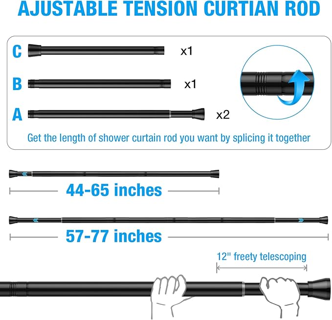 MEXAU Shower Curtain Rod 44-77 inch Black Tension Rod Shower rod Non Slip Tension Curtain Rod Adjustable Curtain Rods No Drilling Shower Rods for Bathroom Windows Closet