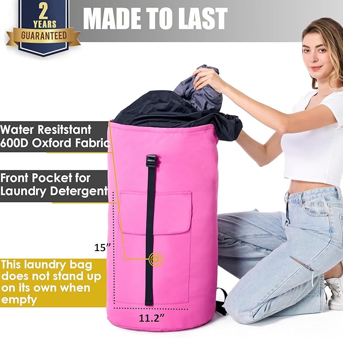 Backpack Laundry Bag, 115L Heavy Duty Extra Large College Laundry Backpack, Dirty Clothes Bag with Shoulder Straps, Laundry Hamper Bag with Drawstring Closure for College Dorm, Apartment Pink