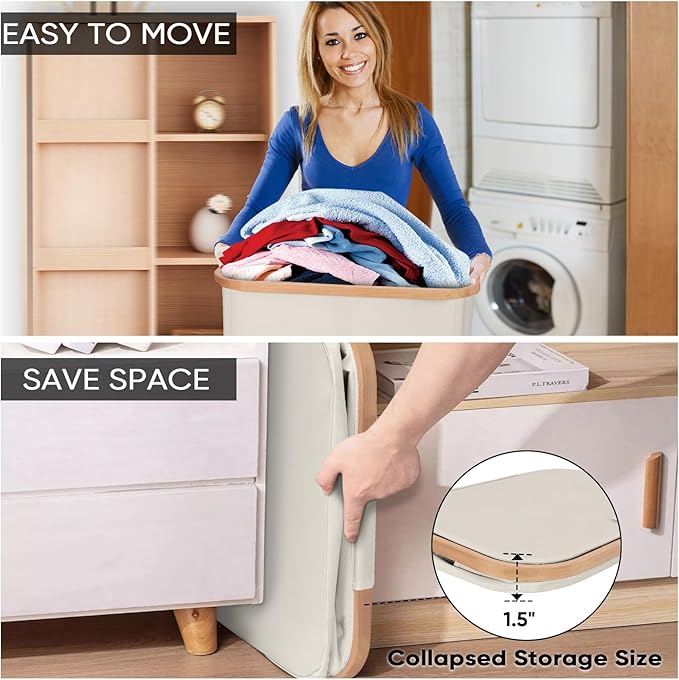 BALEINE Laundry Hamper with Lid, Tall Laundry Baskets with Bamboo Pull Handles, Large Laundry Bin with Internal Support (18 Gal/70L, Beige)