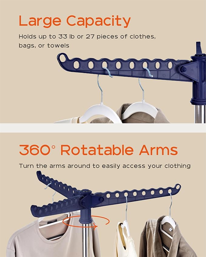 CASAMAYA Clothes Drying Rack Foldable, 59 inch Tripod Laundry Drying Rack Indoor with Rotating Clothes Rail for 27 Pieces of Clothes, Space Saving, Blue and Silver CDR001Q01