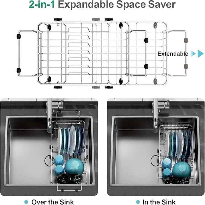 GSlife Small Sink Dish Drying Rack - 9" W Expandable Stainless Steel Compact Dish Drainer for RV, Apartment, Camper, Kitchen, Dish Strainer with Lock Knob, 11.9"-16.7" L, Silver