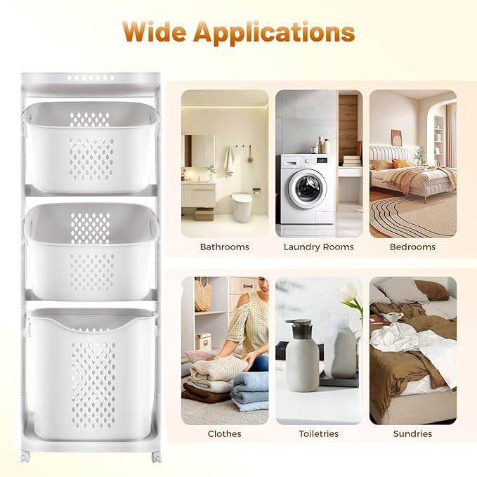 Rolling Laundry Hamper Cart with Wheels, 3 Tier White Laundry Baskets, Clothes Hamper with Portable Storage Baskets for Kitchens, Bathrooms, Bedrooms, Classrooms, Laundry Rooms