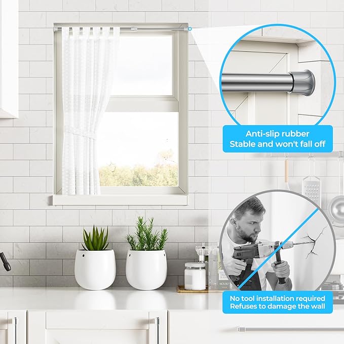 AIZESI 4PCS Silver Tension Rod 17 to 28 Inch, Adjustable Spring Curtain Rods No Drilling, Spring Tension Rods for Window DIY Cupboard Wardrobe