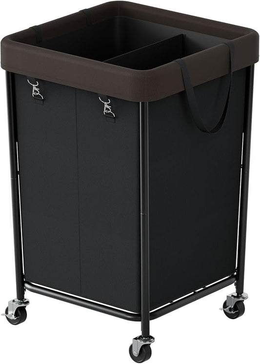 Chrislley 160L Laundry Hamper with Wheels, 2 Section Large Laundry Basket with Removable Bag, Steel Frame Dirty Clothes Hamper, Rolling Laundry Cart for Bedroom, Bathroom, Dorm, Hotel, Black