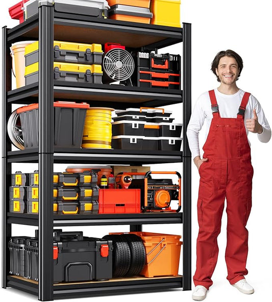 71''H 27.5''W Storage Shelves,2500LBS Garage Shelving ,Adjustable Garage Shelves ,Heavy Duty Metal Shelving, 5 Tier Wood Utility Steel Shelf, Shelving Units and Storage Rack fo Kitchen Pantry Laundry