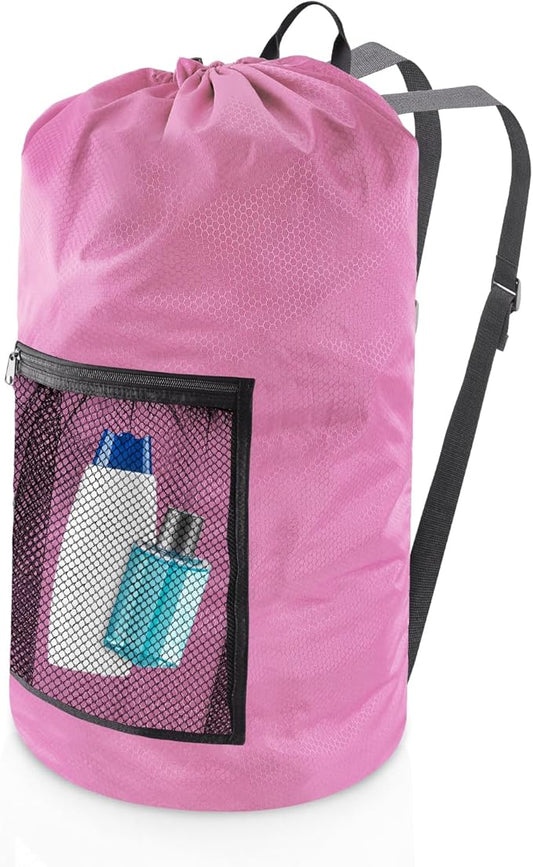 Olosar Laundry Bag Backpack, Extra Large Travel Laundry Bag with Mesh Pocket & Adjustable Shoulder Straps,Dirty Clothes Travel Bag for College Students Dorm,Apartment(Pink)
