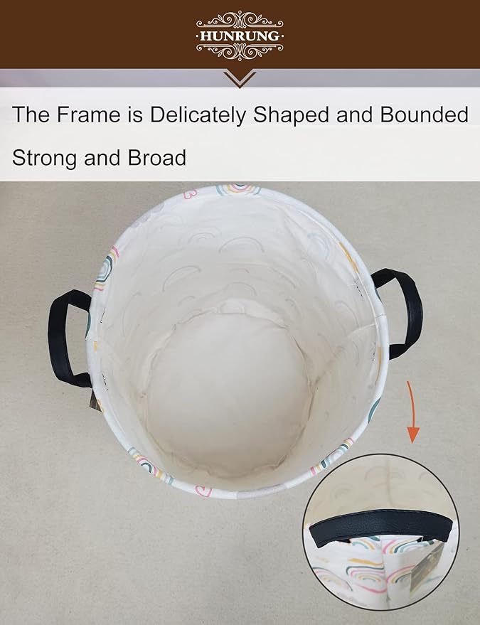 HUNRUNG Collapsible Fabric Storage Basket, Waterproof Laundry Hamper with Handles, Round Storage Bin for Clothes Toys, Foldable Organizer for Bedroom Nursery Bathroom(Round-Rainbow)