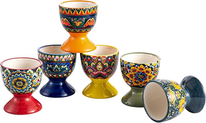 Henten Home Ceramic Egg Cup Set, Colorful Egg Cup Set of 6, Boho Style Egg Holder for Soft Boiled Eggs, Breakfast, Easter, Dishwasher & Microwave Safe