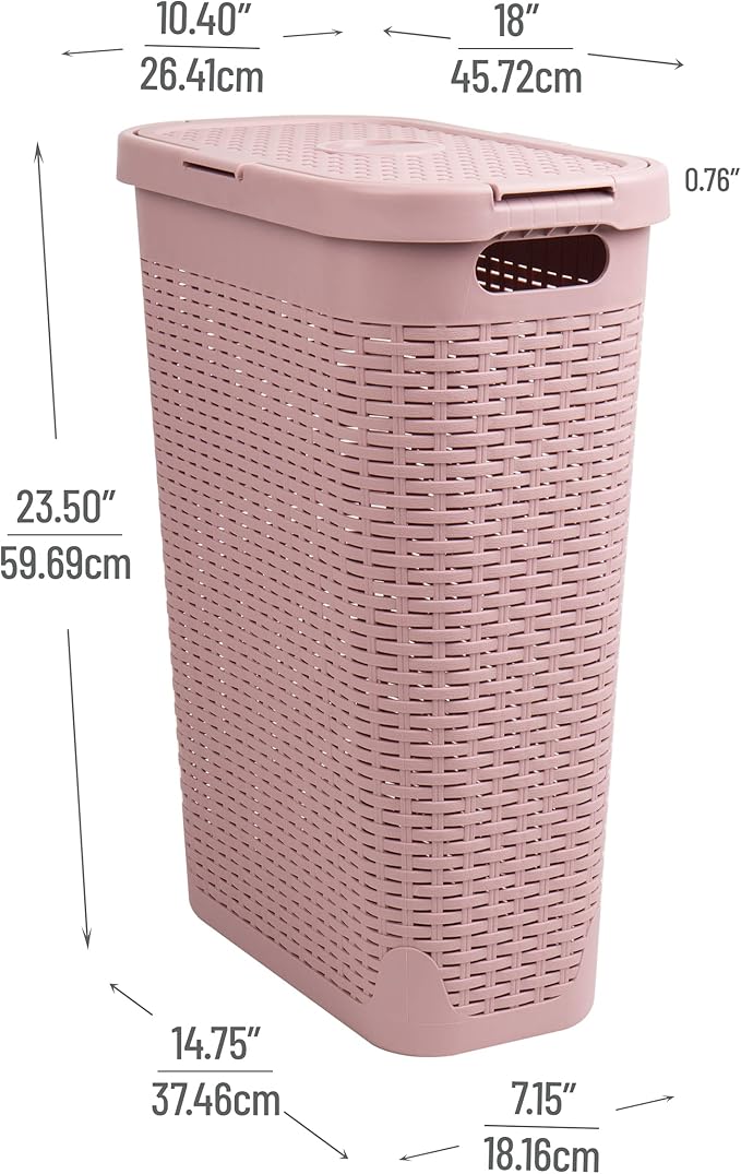 Mind Reader Slim Laundry Hamper with Lid, 40L Clothes Basket, Narrow Tapered Design with Ventilated Cutout Pattern, Plastic, Set of 2, Pink