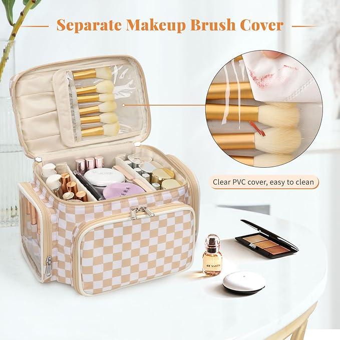 Bagmoly Large Makeup Bag, Portable Travel Makeup Bag Organizer for Women Girls with Makeup Brush Compartment & Two Side Pockets, Cosmetic Travel Bag Vertical Storage Toiletry- Checkerboard