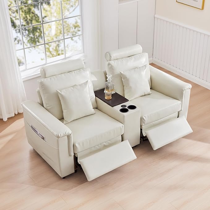 LEVNARY Modular Power Recliner Chair, Faux Leather Upholstered Single Seat with Electric Lift Function, Compatible with Modular Sofa System (White)