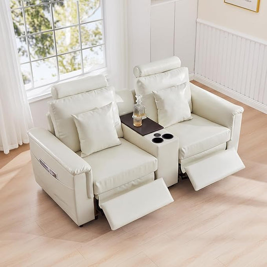 LEVNARY 2-Seater Modular Reclining Sofa with Center Console, Upholstered Faux Leather Power Recliner Loveseat with Cup Holders, USB Charging, Side Pockets & 2 Pillows, Living Room Furniture (White)
