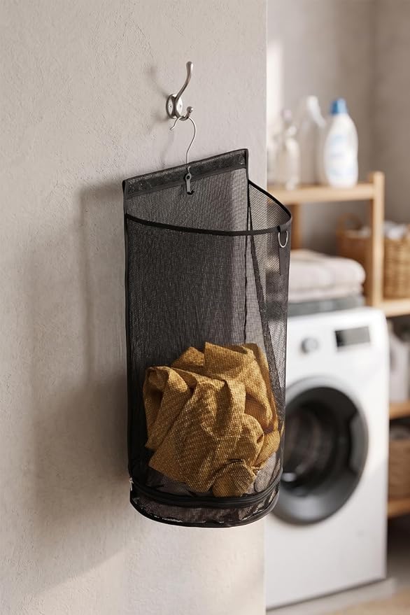 ALYER Hanging Semi Round Storage Mesh Bag,Collapsible Laundry Hamper Basket with Durable Hanger (Black)
