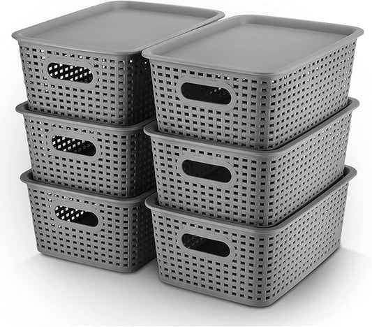 AREYZIN Plastic Storage Baskets Bins With Lid Organizing Container Lidded Knit Storage Organizer Bins for Shelves Drawers Desktop Closet Playroom Classroom Office, 6 Pack