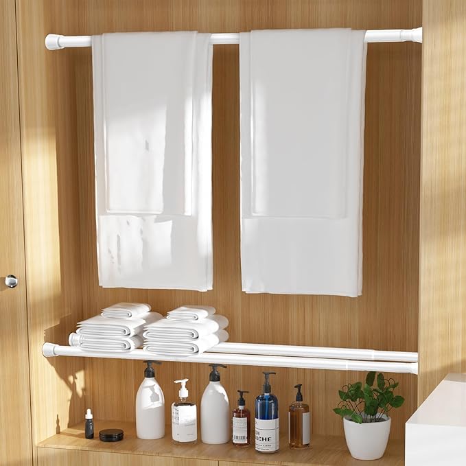 MEXAU Tension Curtain Rod for Windows 27 to 50 Inch，Spring Tension Rods White Curtain Rods No Drilling Adjustable Spring Rod Extendable Tension Rod for Kitchen, Bathroom, Window, Bookshelf.