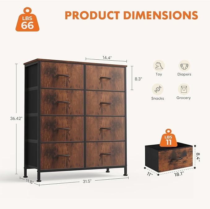 Sweetcrispy Dresser for Bedroom with 8 Storage Drawers, Large Fabric Storage Tower Organizer, Chest of Drawers with Metal Frame Wooden Top for Closet, Living Room, Entryway, Tank