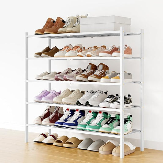 Smiry Shoe Rack, 5 Tier Long Bamboo Shoe Organizer, Stackable Free Standing Wooden Shoe Storage Shelf for Closet, Entryway, Front Door Entrance, White