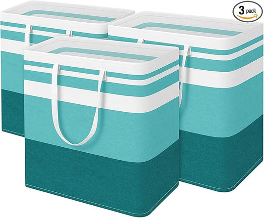 BlissTotes 3-Pack Laundry Basket, Freestanding＆Waterproof Laundry Hamper, Collapsible Tall Clothes Hamper with Easy Carry Handles for Clothes, Towels in the Family and Dorm,Gradient Green,100L