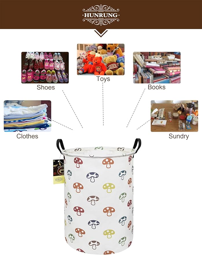HUNRUNG Collapsible Fabric Storage Basket, Waterproof Laundry Hamper with Handles, Round Storage Bin for Clothes Toys, Foldable Organizer for Bedroom Nursery Bathroom(Round-Color Mushroom)