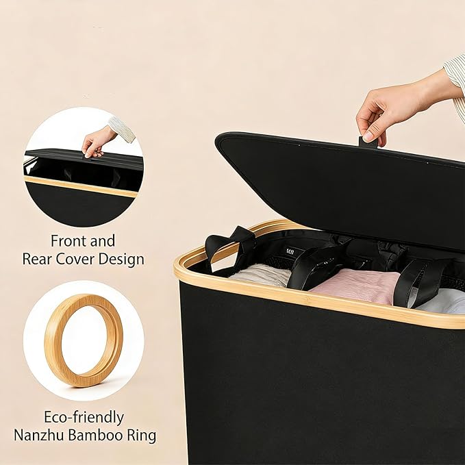 2pcs FLaundry Hamper with Lid,Collapsible Dirty Clothes Hamper Organizer | Large Capacity Space-Saving Design for Bedroom/Laundry Room Essentials (Black)