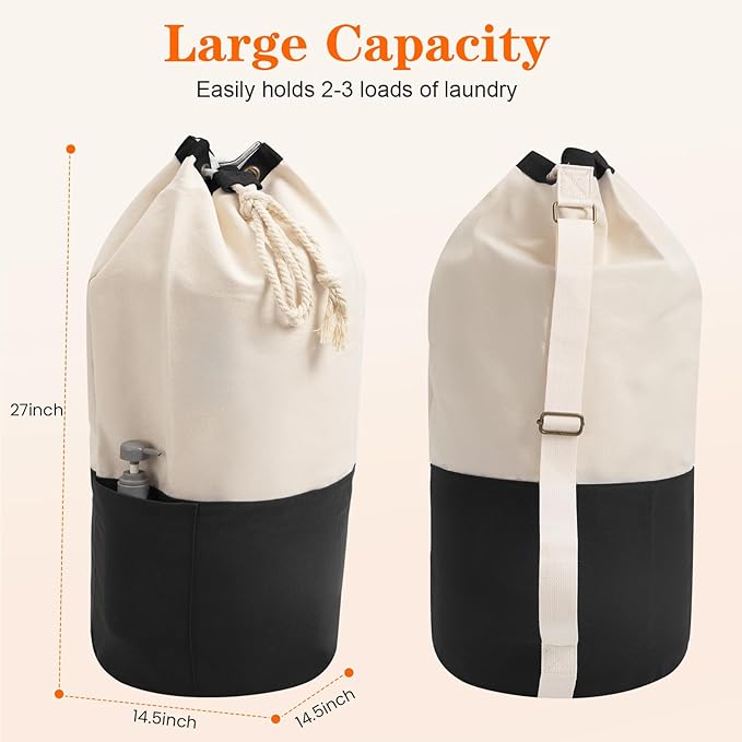 NAHADS Black single-shoulder backpack-style laundry bag made of durable canvas material with a drawstring closure design, suitable for use at university, camping, laundromats, and apartments.