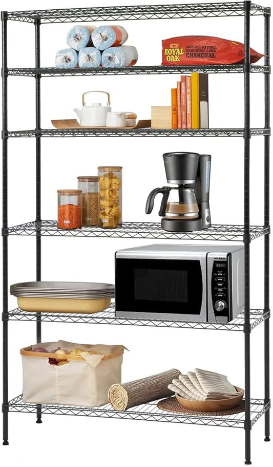 BestOffice | 6-Tier Wire Storage Shelves | 42x16x72 | Black | with Adjustable Racks | Heavy-Duty Metal Shelf, Holds Upto 1500 lbs | No-Tool Assembly | Ideal for Home & Garage Shelving