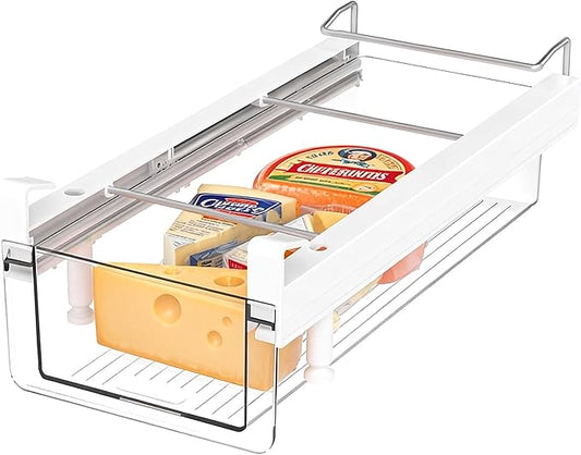 Clear Fridge Organizer Drawer - Plastic Refrigerator Deli Storage Bin for Fruits, Vegetables, Meat & Cheese, Pull-Out Design-M