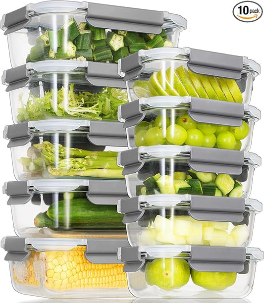 AILTEC 10 Pack Glass Meal Prep Containers, Glass Food Storage Containers with Lids Airtight, Storage Container Set with Lid for Food, Bpa-free, Leak-proof, Microwave Oven Freezer Dishwasher Safe