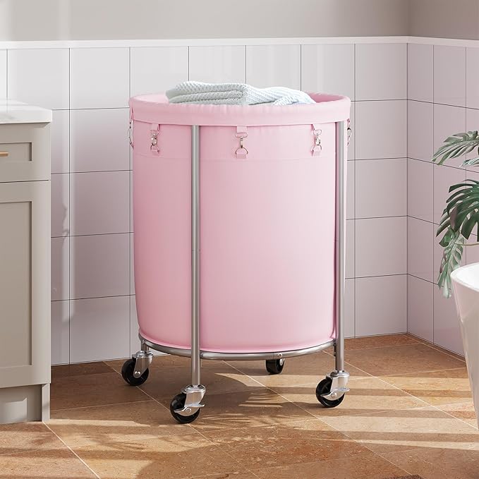 ELYKEN 190L Laundry Basket with Wheels, Large Rolling Laundry Hamper with Removable Liner Bag, Round Rolling Laundry Cart, Dirty Clothes Hamper for Hotel, Home, Closet, Dorm, Pink