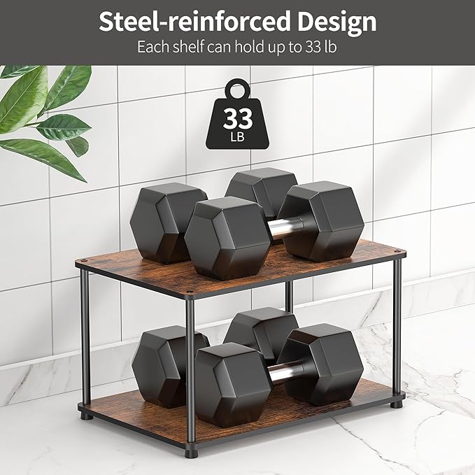 Countertop Spice Rack, Stackable Wood & Metal Pantry Cabinet Shelf Organizer Storage, 2-Tier Multi-Use for Kitchen Bathroom Desktop Home Office, Rustic Brown