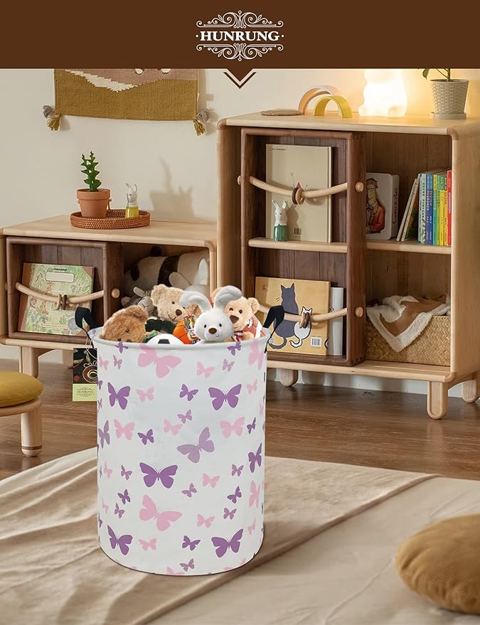 HUNRUNG Collapsible Fabric Storage Basket, Waterproof Laundry Hamper with Handles, Round Storage Bin for Clothes Toys, Foldable Organizer for Bedroom Nursery Bathroom(Round-Purple Butterfly)