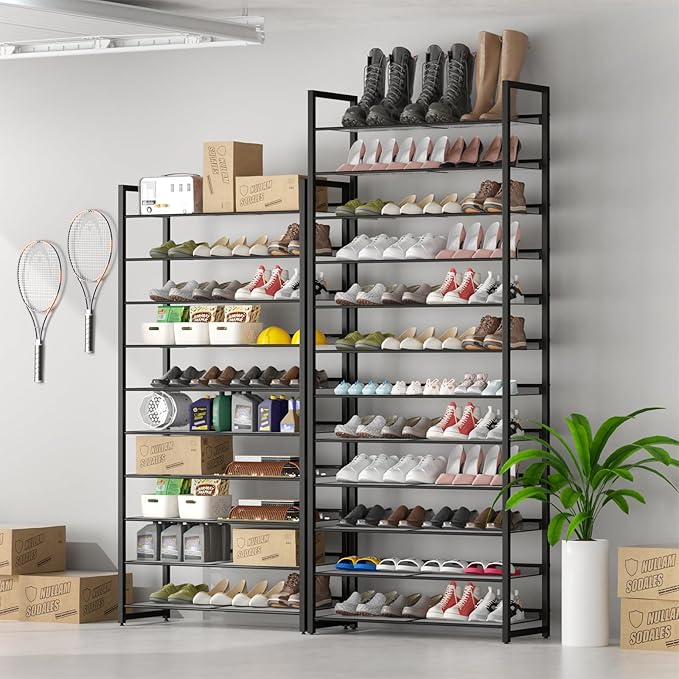 Shoe Rack, 10-Tier Metal Shoe Organizer, Tall Shoe Rack for Closet,entryway,Garage, with Adjustable Flat or Angled Shelves, 42-50 Pairs,Shoes that can accommodate The Whole Family.