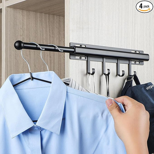 BaiNong 12 inch Valet Rod for Closets Pull Out Closet Valet Rod Slide Out Black Pull Out Clothes Hanger With 4 Hooks