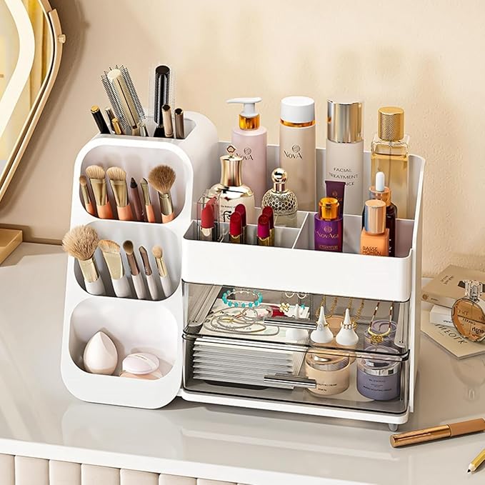 Booklov Makeup Organizer for Vanity, Large Capacity Cosmetic Display Case with Clear Acrylic Drawer, Countertop Beauty Storage Holder for Skincare, Brush Eyeshadow Lipstick Counter Desk, Crystal White