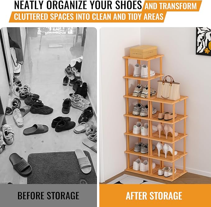 MHXW SXPN Bamboo Free Standing Shoe Rack Shelf Multi Tier Tall Wooden Stackable Shoes Rack Organizer for Closet Front Door Entrance Narrow Vertical Shoe Storage (Nature, 12 Tiers)