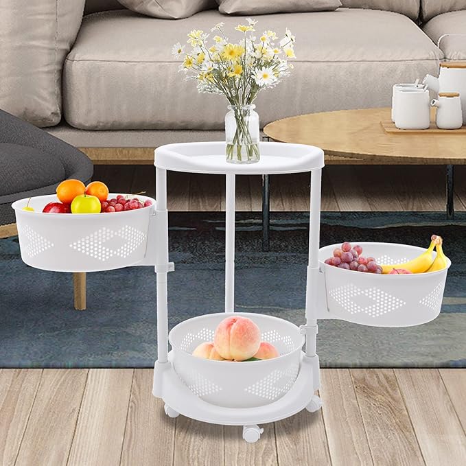 Kitchen Storage Cart 3 Tier Multi-Layer Storage Basket with Wheels Fruit Vegetable Storage Shelves Racks Rolling Storage Cart for Kitchen Living Room Bedroom, White (3 Tier)