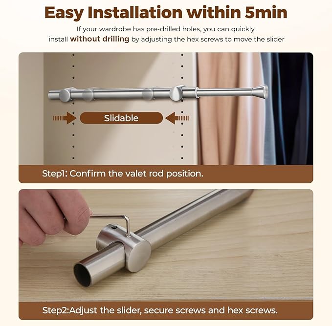12" Pull-Out Valet Rod for Closet Organization, Add Extra Hanging Space 304 Stainless Steel Closet Rods, Space-Saving Design for Small Closets,Silver 2 Pack