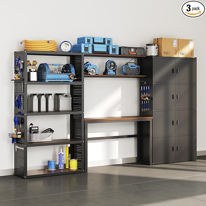FLEXIMOUNTS Garage Storage Cabinet System, 3-in-1 Modular Metal Tool Cabinet w/Workbench and Particle Board Shelf Includes Pegboard, 24-Gauge Steel, 117"(L) w/ 4 Doors, Black, FLEXIMOD Series