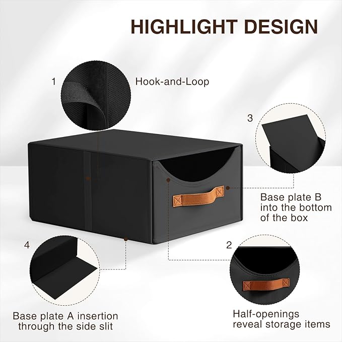 Homsorout Stackable Storage Drawers - Collapsible Storage Bins with Drawers, 4 Pack Closet Shelf Organizer Basket, Fabric Pull Out Organizer for Bedroom, Living Room, Dorm, Black