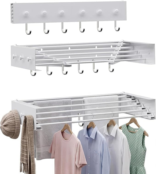 Collapsible Laundry Drying Rack Wall Mounted - 31.5 Inch Metal Clothing Drying Rack with 6+6 Hooks, Retractable Foldable Dryer Racks for Laundry Drying Indoor, Heavy Duty Towel & Coat Hanger