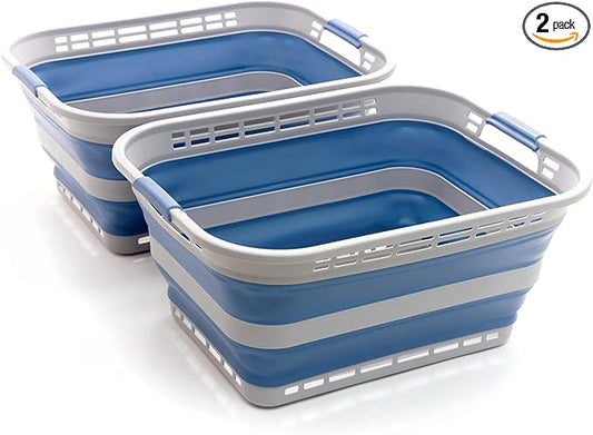 SAMMART 42L (11 gallons) Collapsible Plastic Laundry Basket - Portable Pop Up Storage Container/Organizer - Portable Hamper - Space Saving Easy Storage (Grey/Mist Blue (Set of 2))