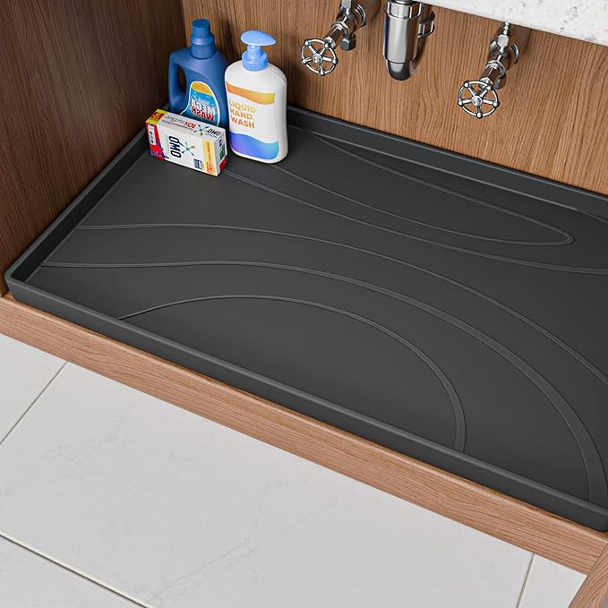 Under Sink Mat 31" x 19", Silicone Under Sink Liner for Kitchen and Bathroom, Waterproof Cabinet Protector Drip Tray, Protects Cabinets from Leaks and Spills