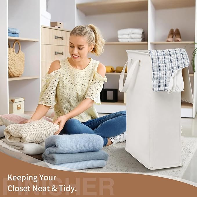 GOMAJI Slim Laundry Basket with Lid and Handles, Foldable Laundry Basket for Clothes, Clothes Hamper Easy to Carry, Dirty Hampers for Bedroom, Bathroom, Dorm, College, 12.7 Gallons(48L)
