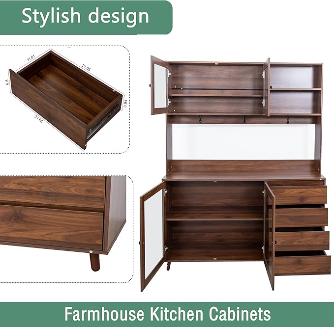 Farmhouse Kitchen Pantry Cabinet, 74.8" Tall Freestanding Cupboard with Multi-Tier Storage Rack and Microwave Stand for Kitchen, Dining Room, Walnut