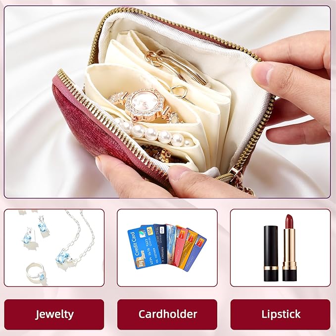 Travel Jewelry Case Small Soft Velvet Organizer Pouch Storage Bag Mini Jewelry Bag for Gemstones Bracelets Healing Crystal Earring Necklaces Red