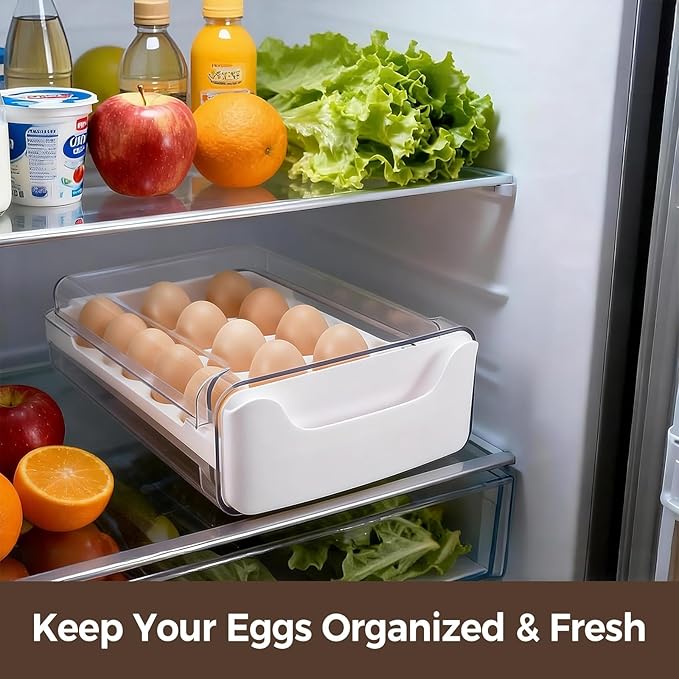 Egg-Holder for Fridge, 18-Count Egg-Storage for Refrigerator Countertop, 1 Tier Dispenser with Drawer, Stackable Clear Egg Tray Container, Egg Organizer, Fits Large Eggs, White
