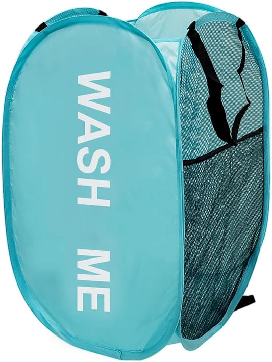 Mesh Pop Up Laundry Hamper with Handles, Collapsible Laundry Basket Side Pocket Dirty Clothes Hamper (Sky Blue)