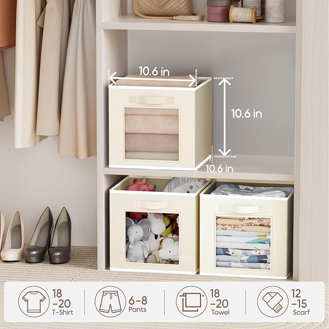 Homsorout Foldable Storage Cubes - Cubby Storage Organizer with Window, Decorative Baskets for Organizing, Fabric Bins for Clothes Storage, Closet Storage Cubes-11inch, Set of 8, Beige