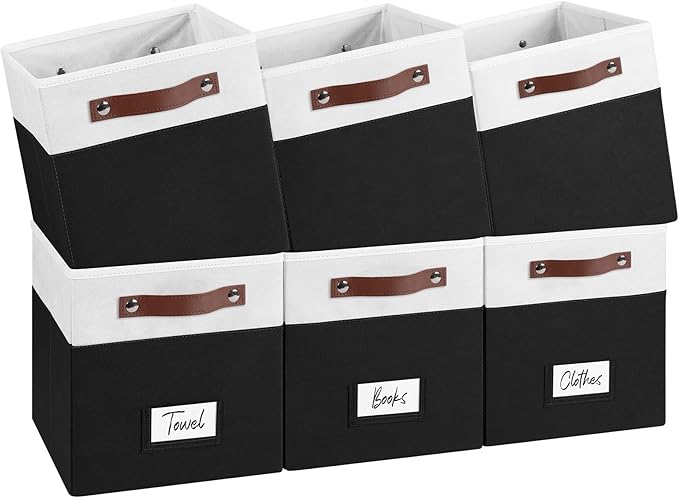 FinishingBo 6-Pack Storage Cubes with Handles & Label Holders Basket, Closet Cube Home Organizer Bins(White/Black, 10.5 x 10.5 x 11 inch)